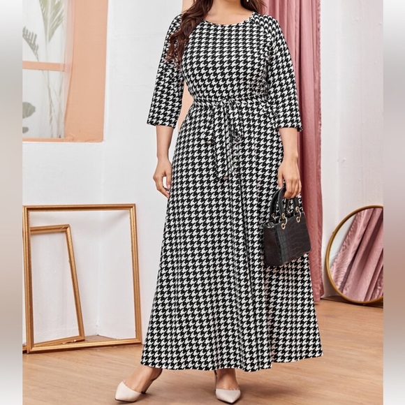 Classic Elegant Houndstooth Belted Long Sleeve Dress Black White - Picture 3 of 5